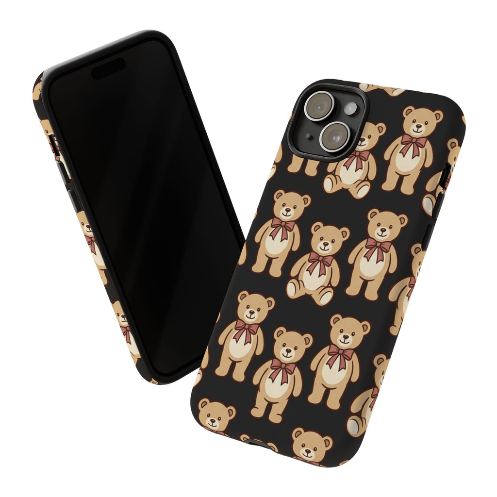Teddy Bear Pattern Phone Case — Cute Vintage Ribbon Bears on Black