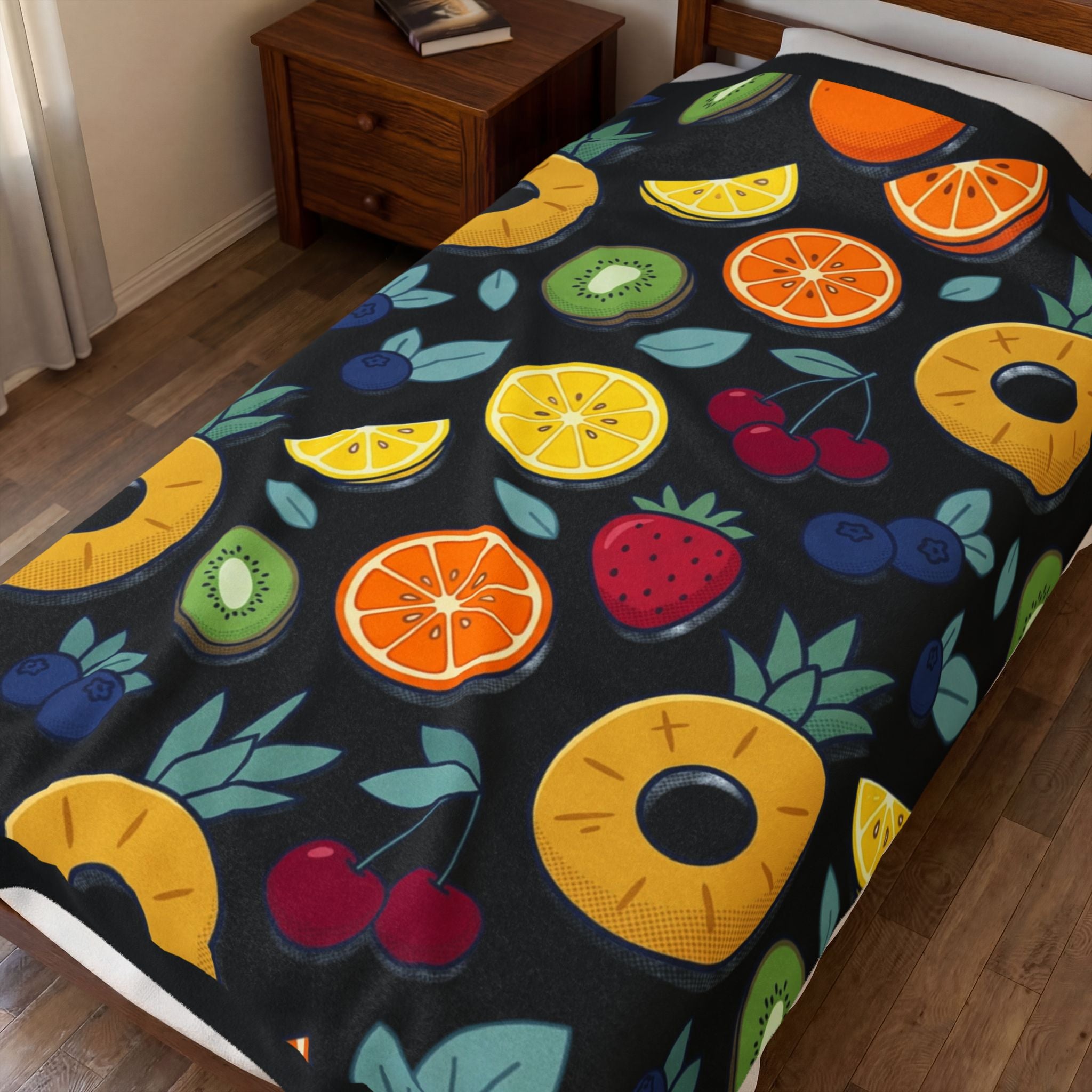 Fruit Pattern Velveteen Plush Blanket — Colorful Tropical Pineapple & Citrus Throw