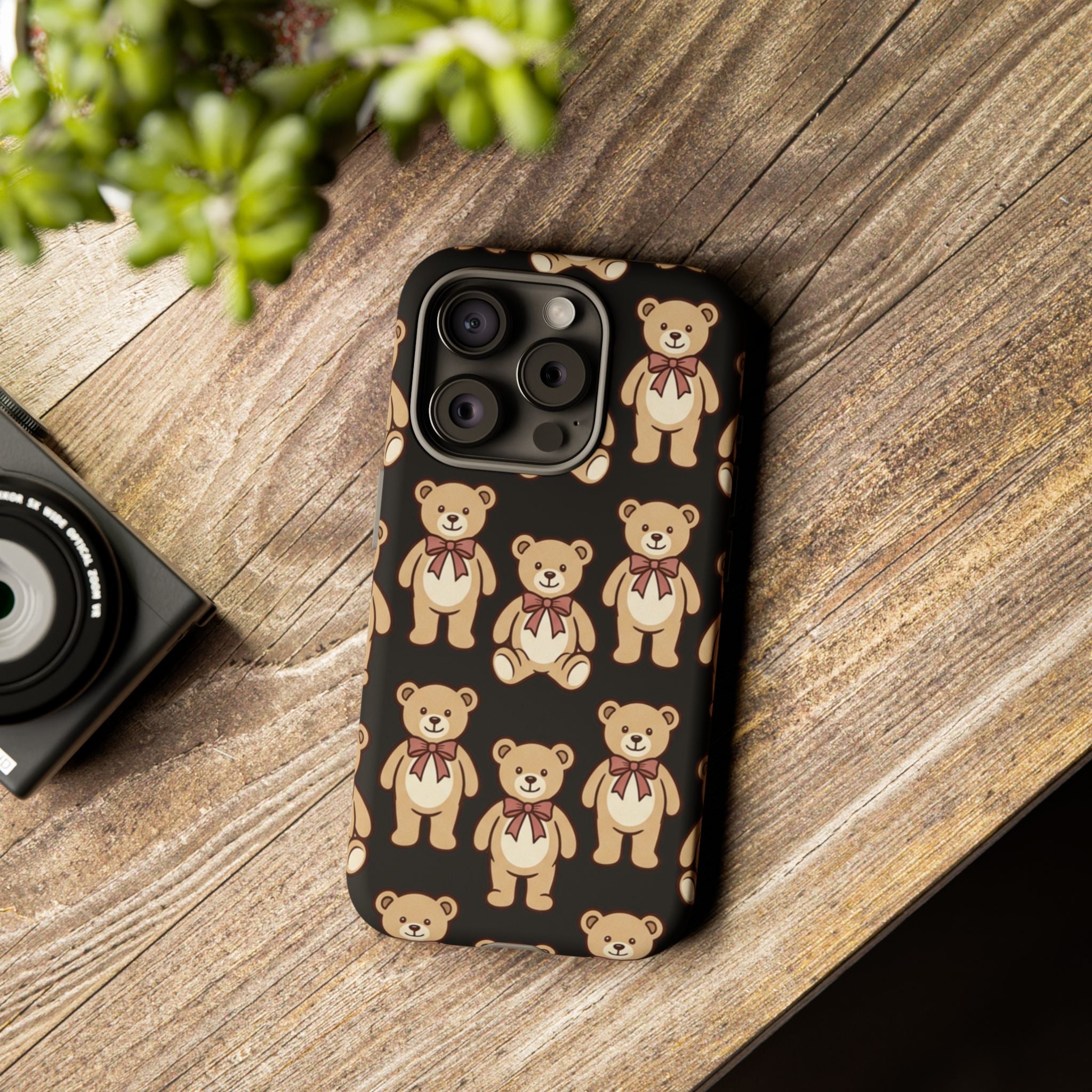 Teddy Bear Pattern Phone Case — Cute Vintage Ribbon Bears on Black