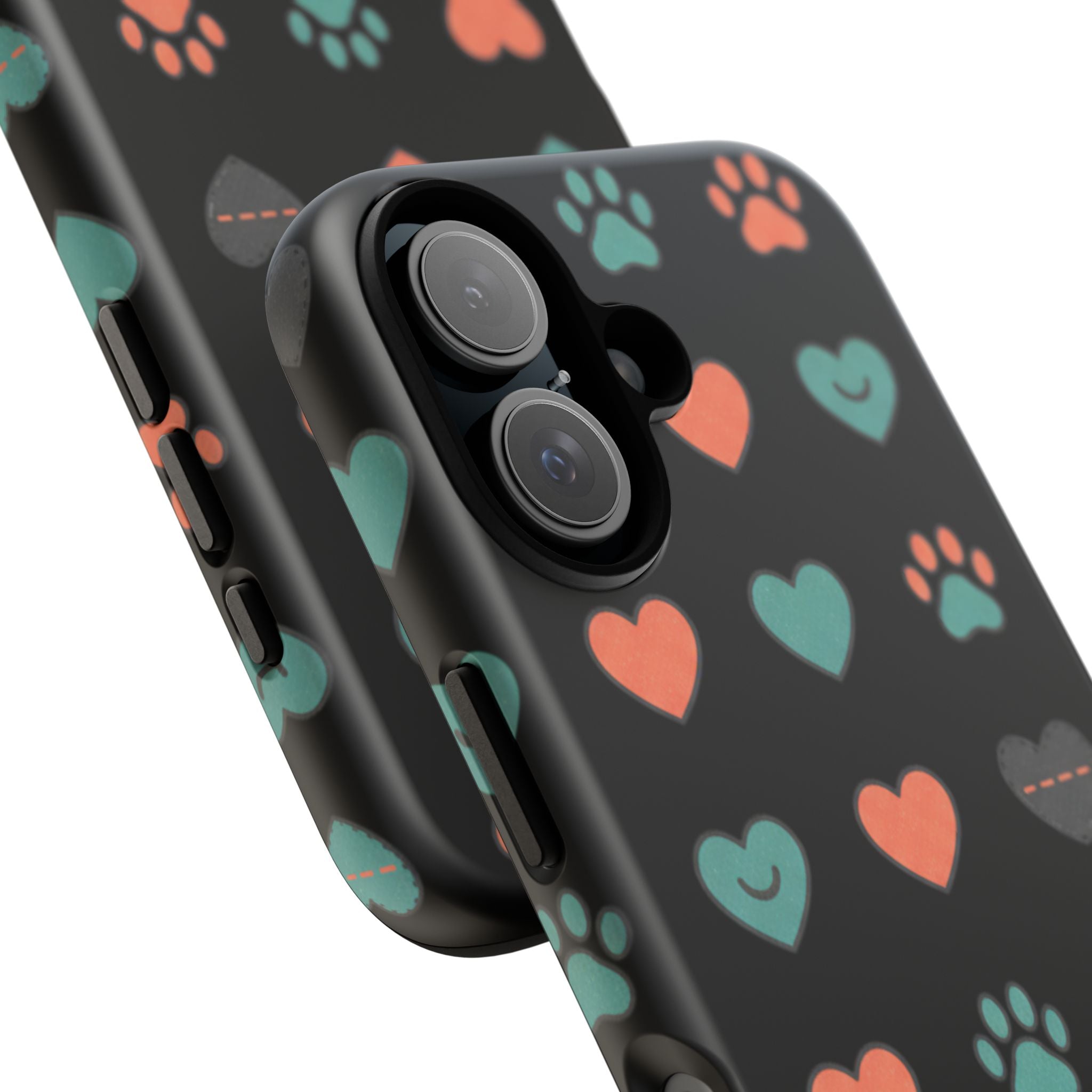 Phone Case — Cute Paw & Heart Pattern (Black Gloss)