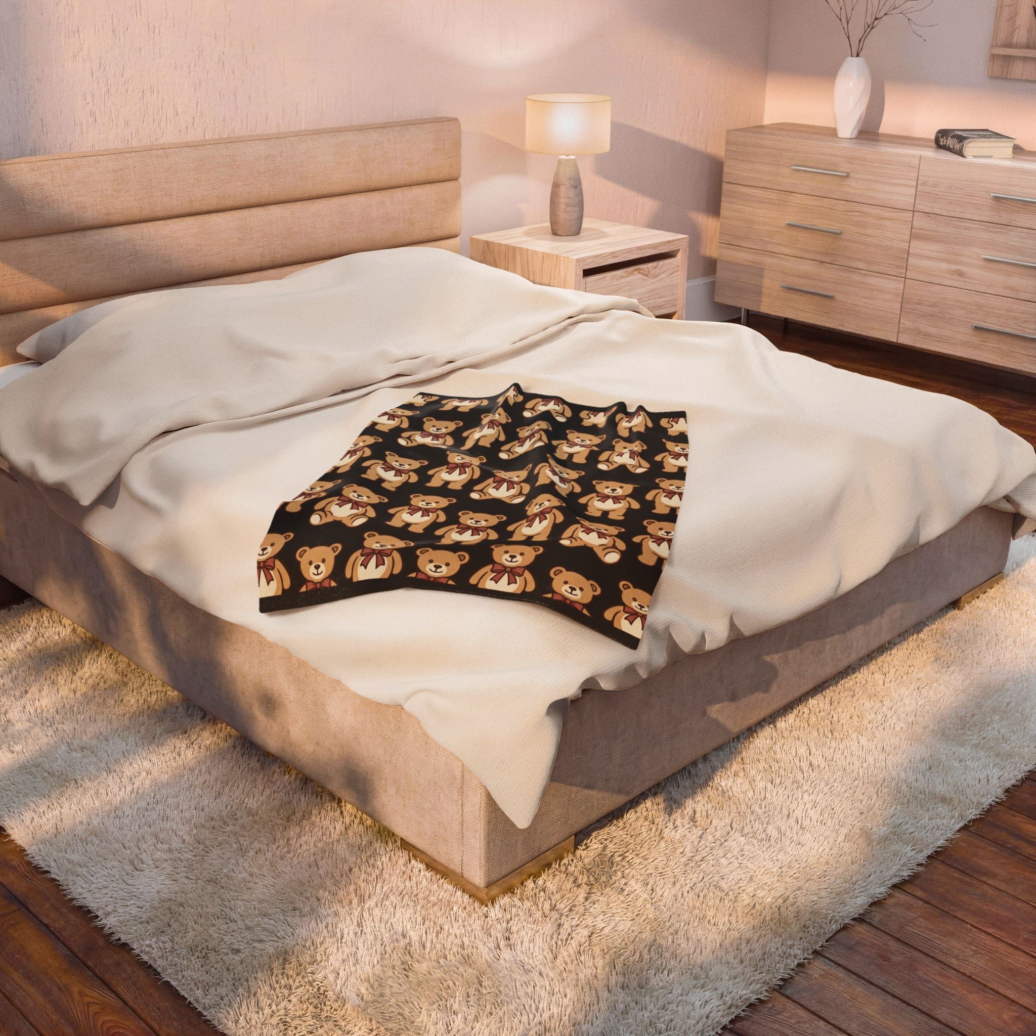 Teddy Bear Velveteen Plush Blanket – Cozy Kids Throw with Cute Bear Pattern