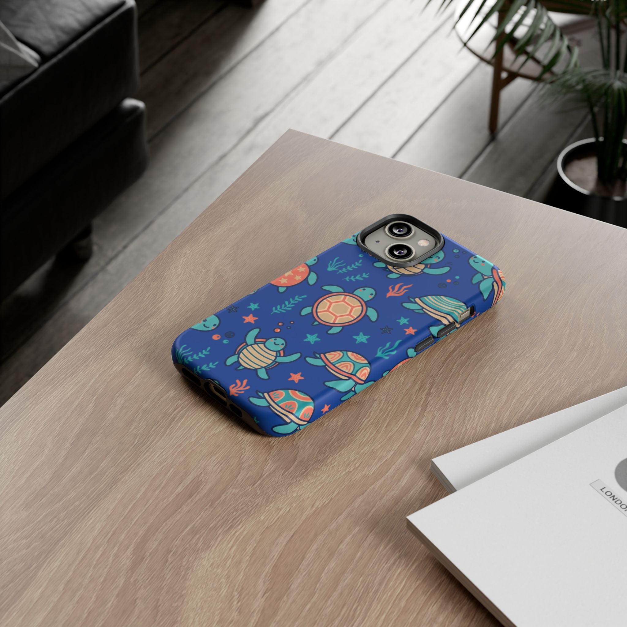 Cute Sea Turtle Phone Case — Protective Tough Case with Blue Ocean Pattern