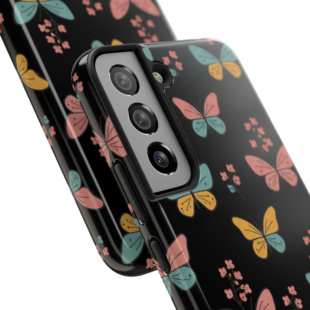 Butterfly Pattern Tough Phone Case — Pastel Butterflies on Black, Protective Floral Phone Cover