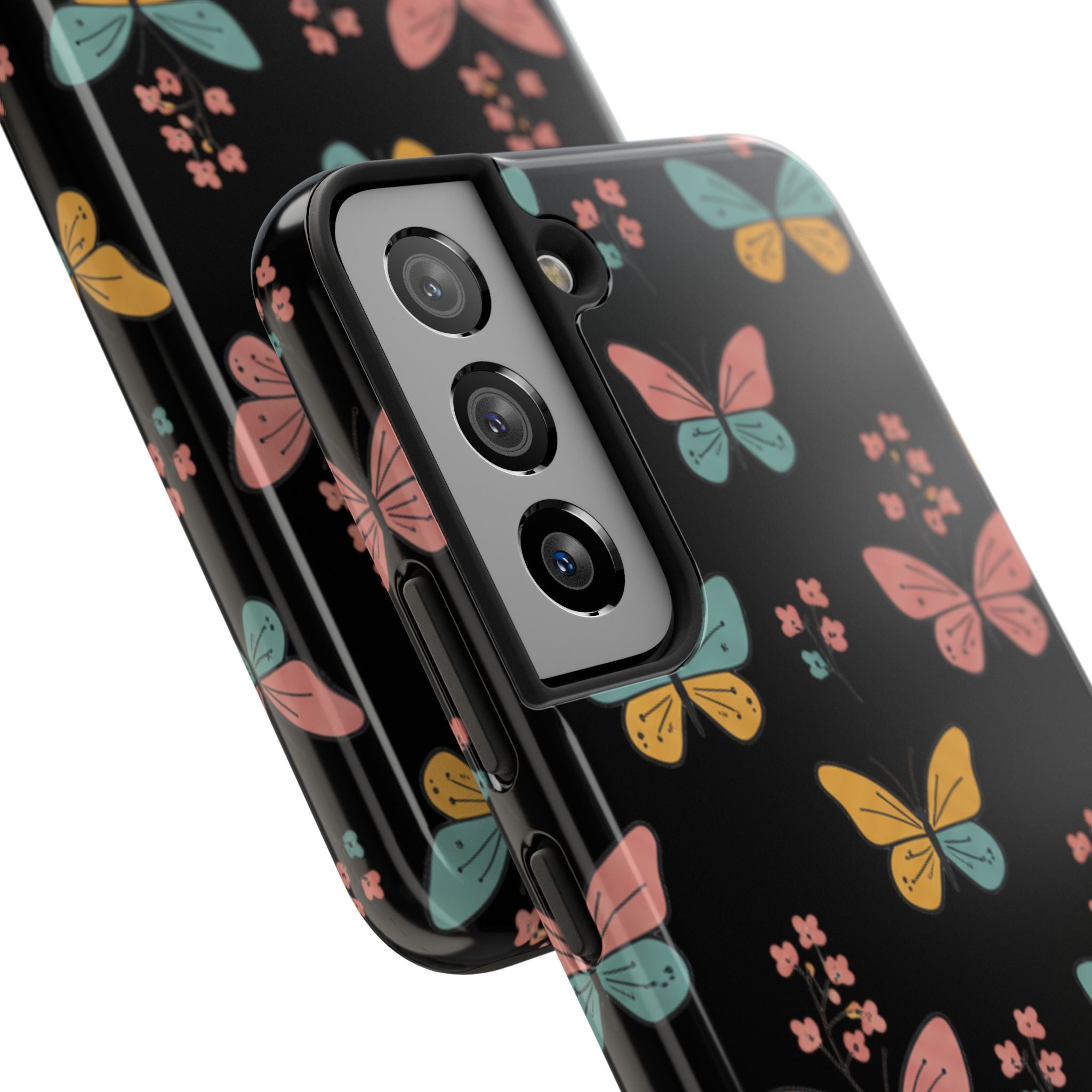 Butterfly Pattern Tough Phone Case — Pastel Butterflies on Black, Protective Floral Phone Cover