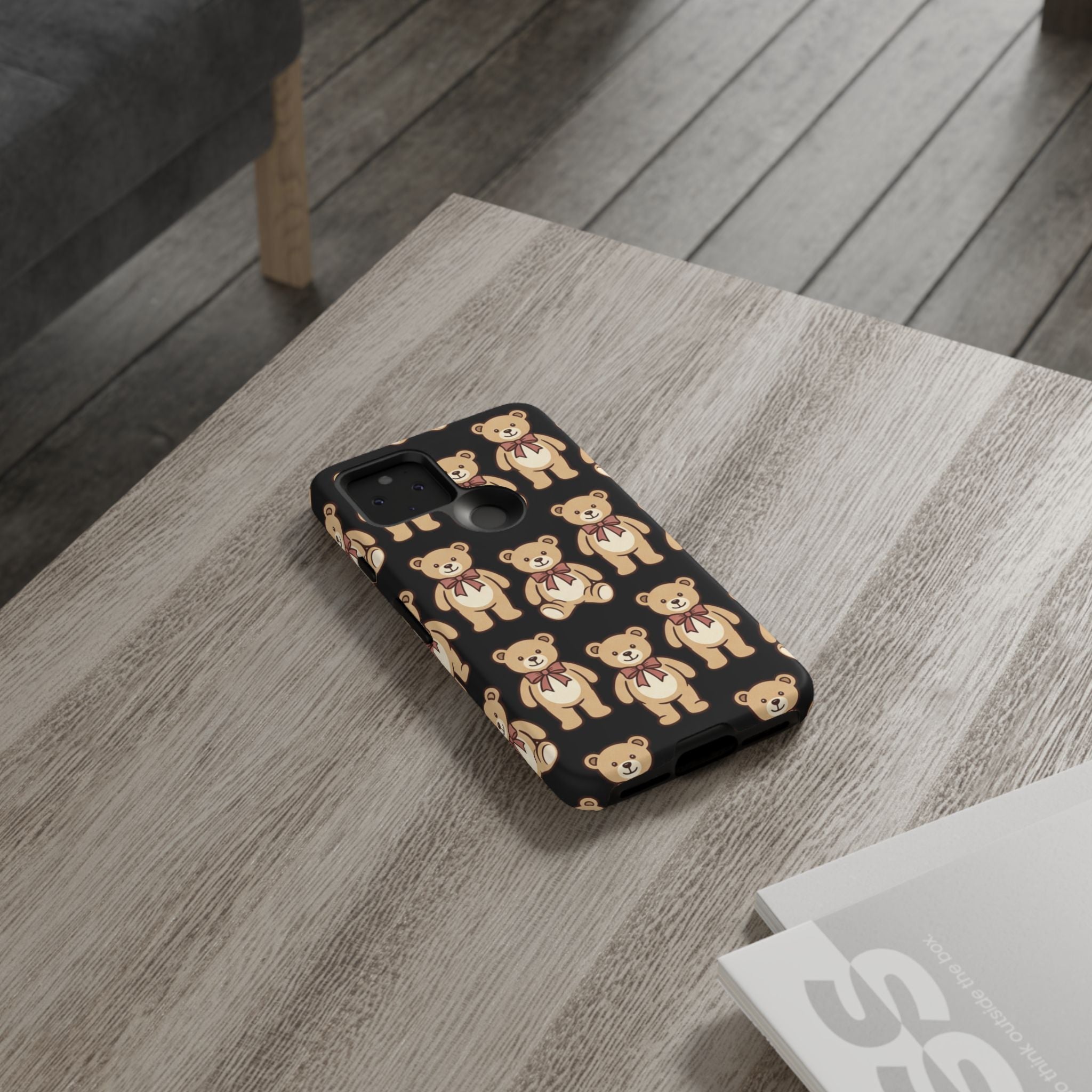 Teddy Bear Pattern Phone Case — Cute Vintage Ribbon Bears on Black