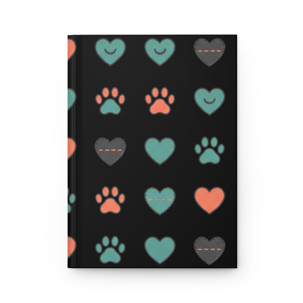 Cute Paw & Heart Hardcover Journal — Black Matte Pet Lover Notebook