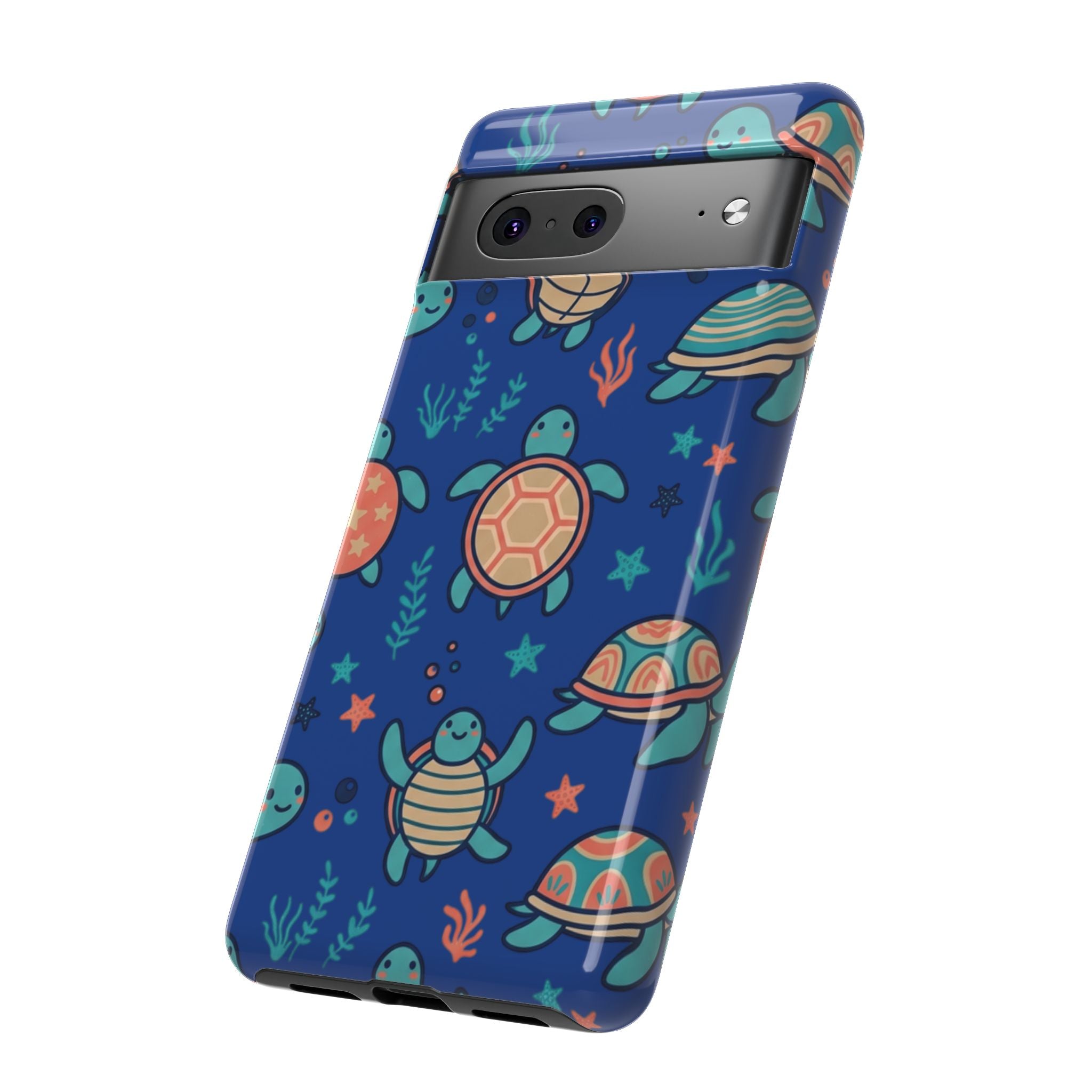 Cute Sea Turtle Phone Case — Protective Tough Case with Blue Ocean Pattern