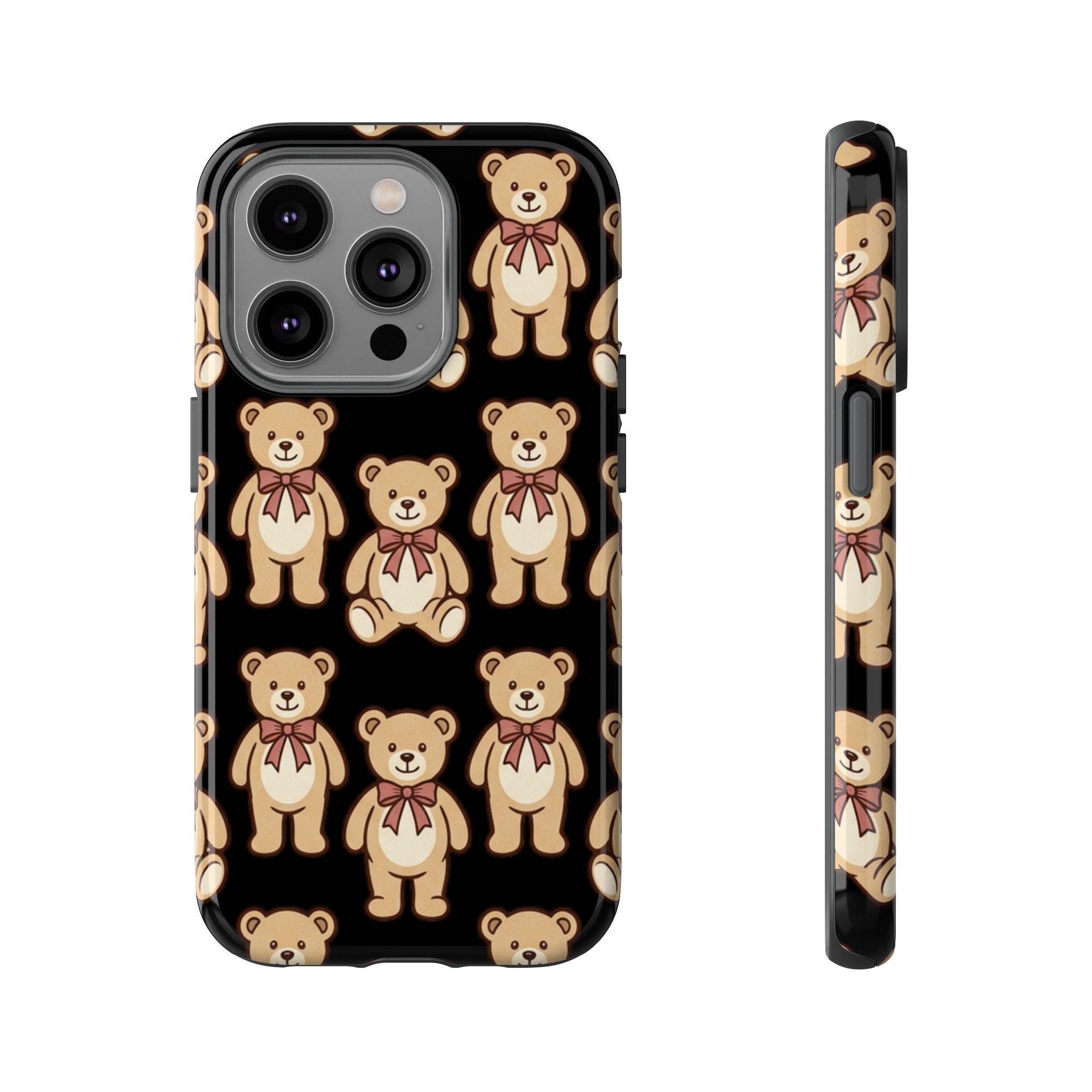 Teddy Bear Pattern Phone Case — Cute Vintage Ribbon Bears on Black
