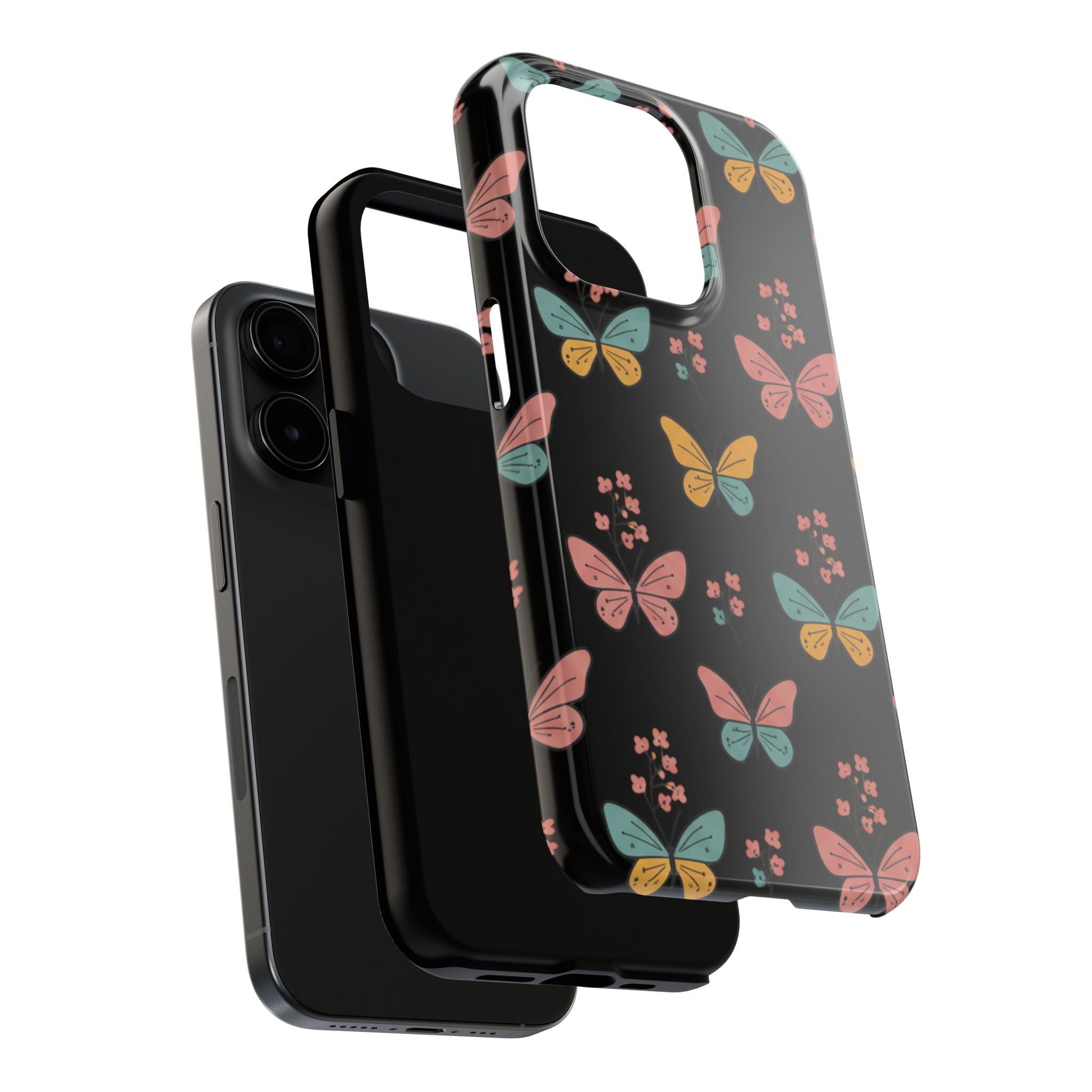 Butterfly Pattern Tough Phone Case — Pastel Butterflies on Black, Protective Floral Phone Cover
