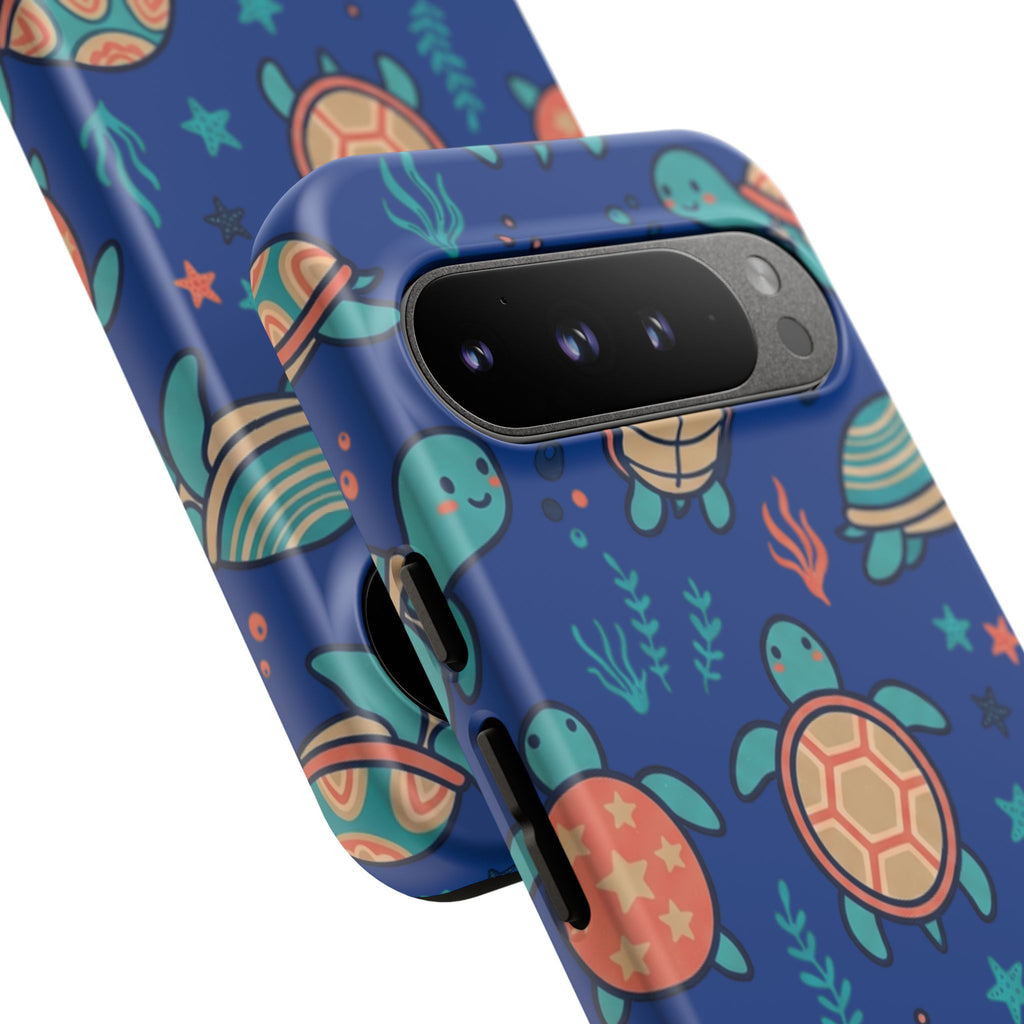 Cute Sea Turtle Phone Case — Protective Tough Case with Blue Ocean Pattern