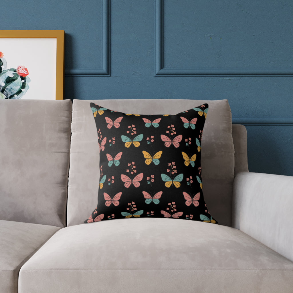 Butterfly Pattern Square Throw Pillow — Colorful Butterflies on Black Decorative Cushion