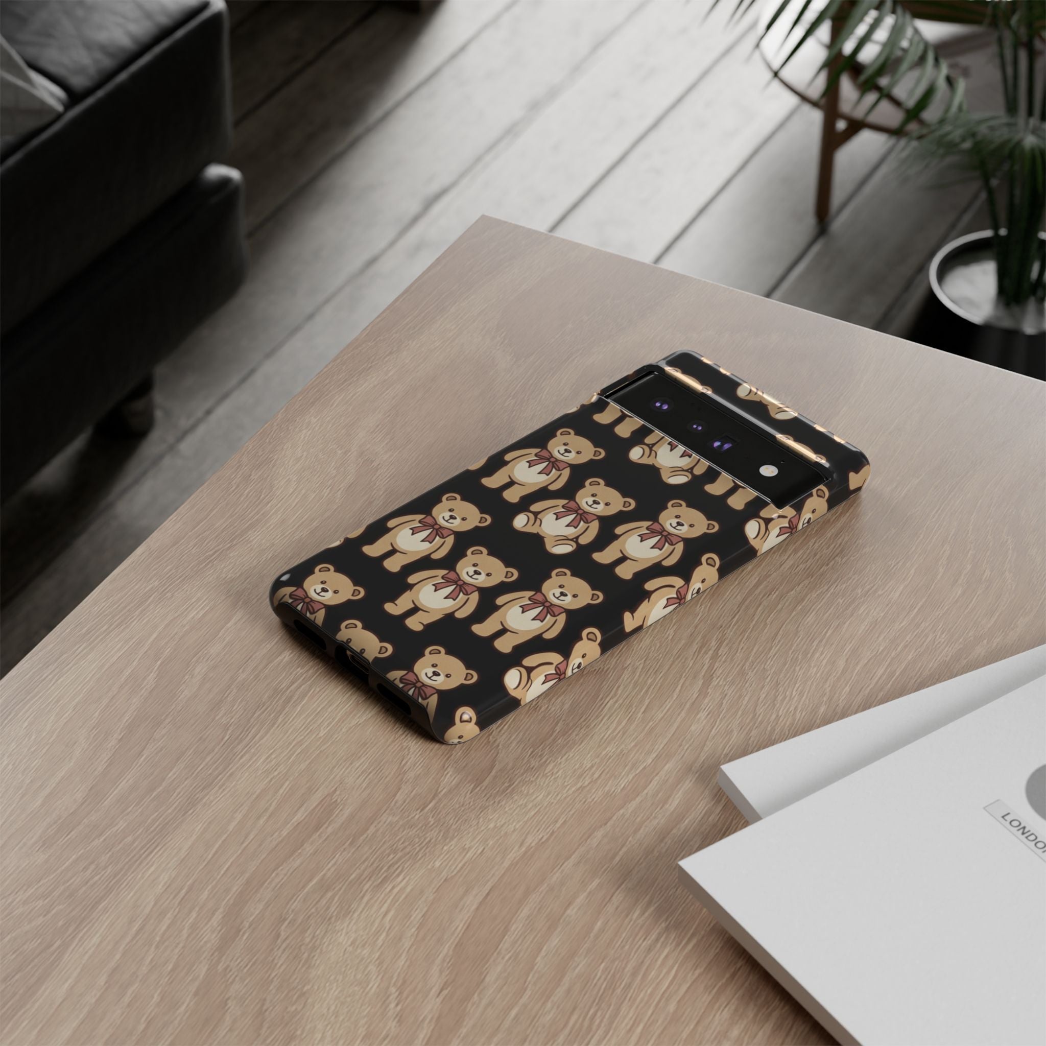 Teddy Bear Pattern Phone Case — Cute Vintage Ribbon Bears on Black