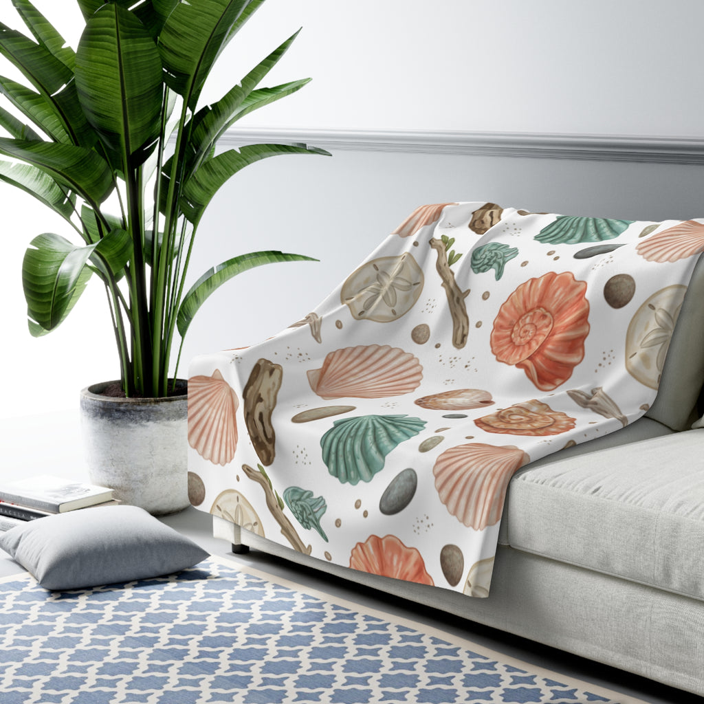 Seashell Sherpa Fleece Blanket – Cozy Nautical Beach Throw