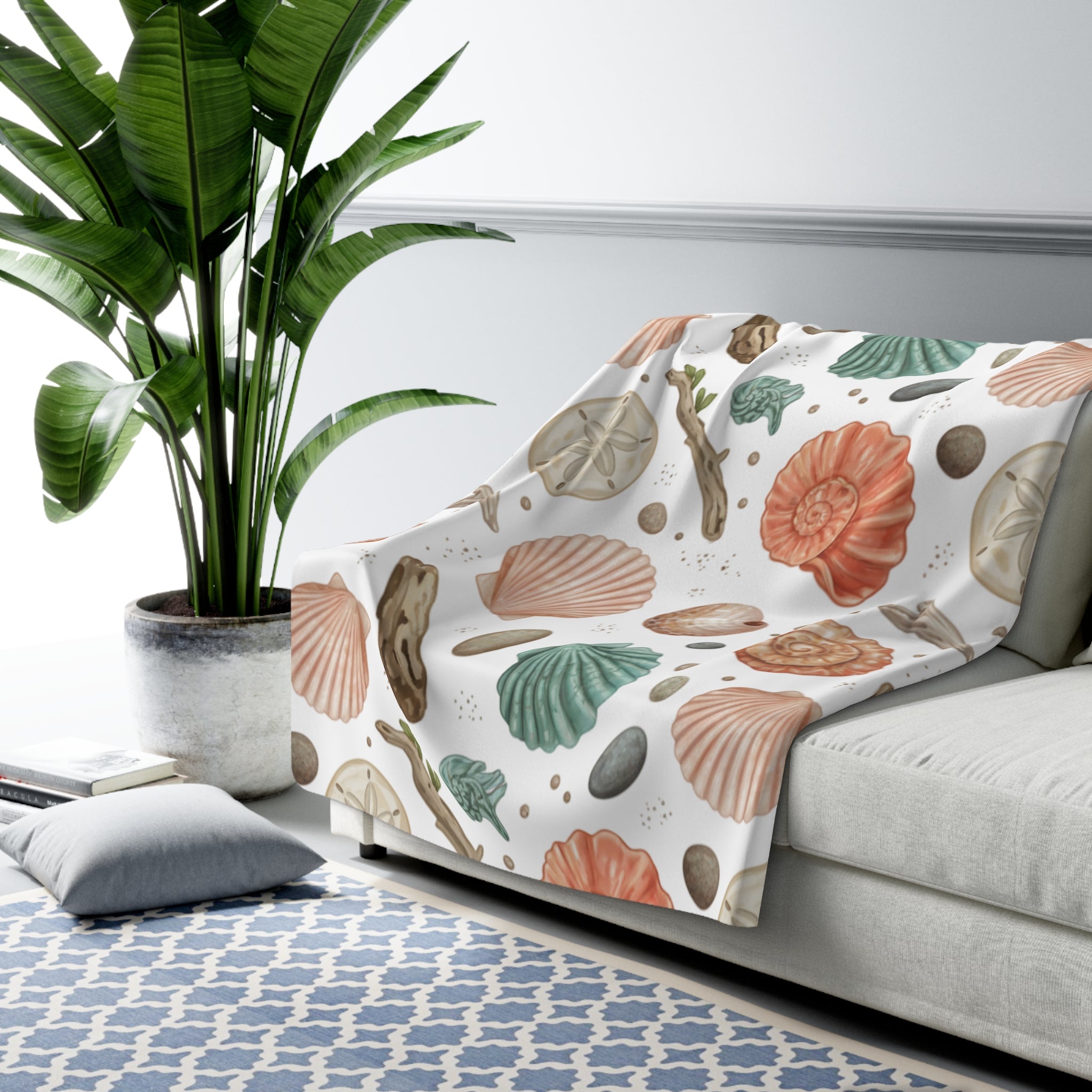 Seashell Sherpa Fleece Blanket – Cozy Nautical Beach Throw