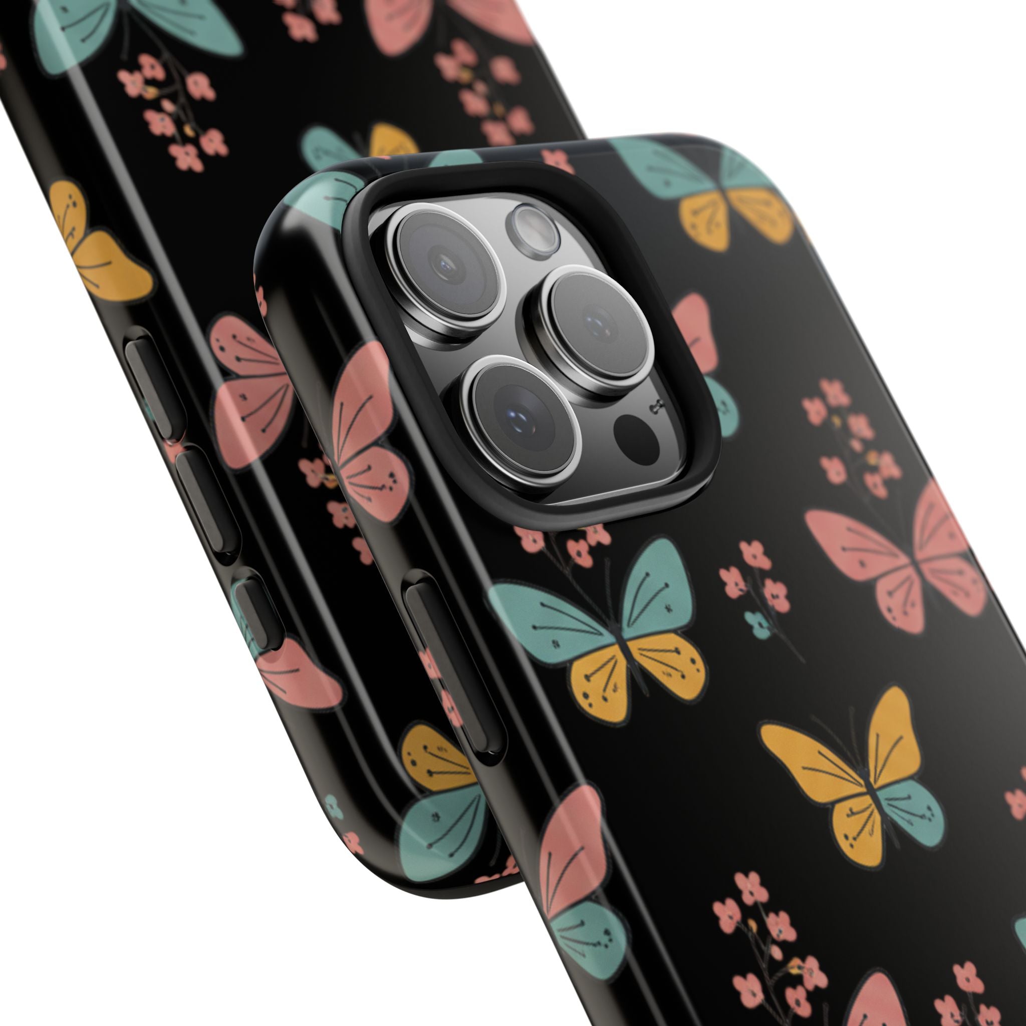 Butterfly Pattern Tough Phone Case — Pastel Butterflies on Black, Protective Floral Phone Cover