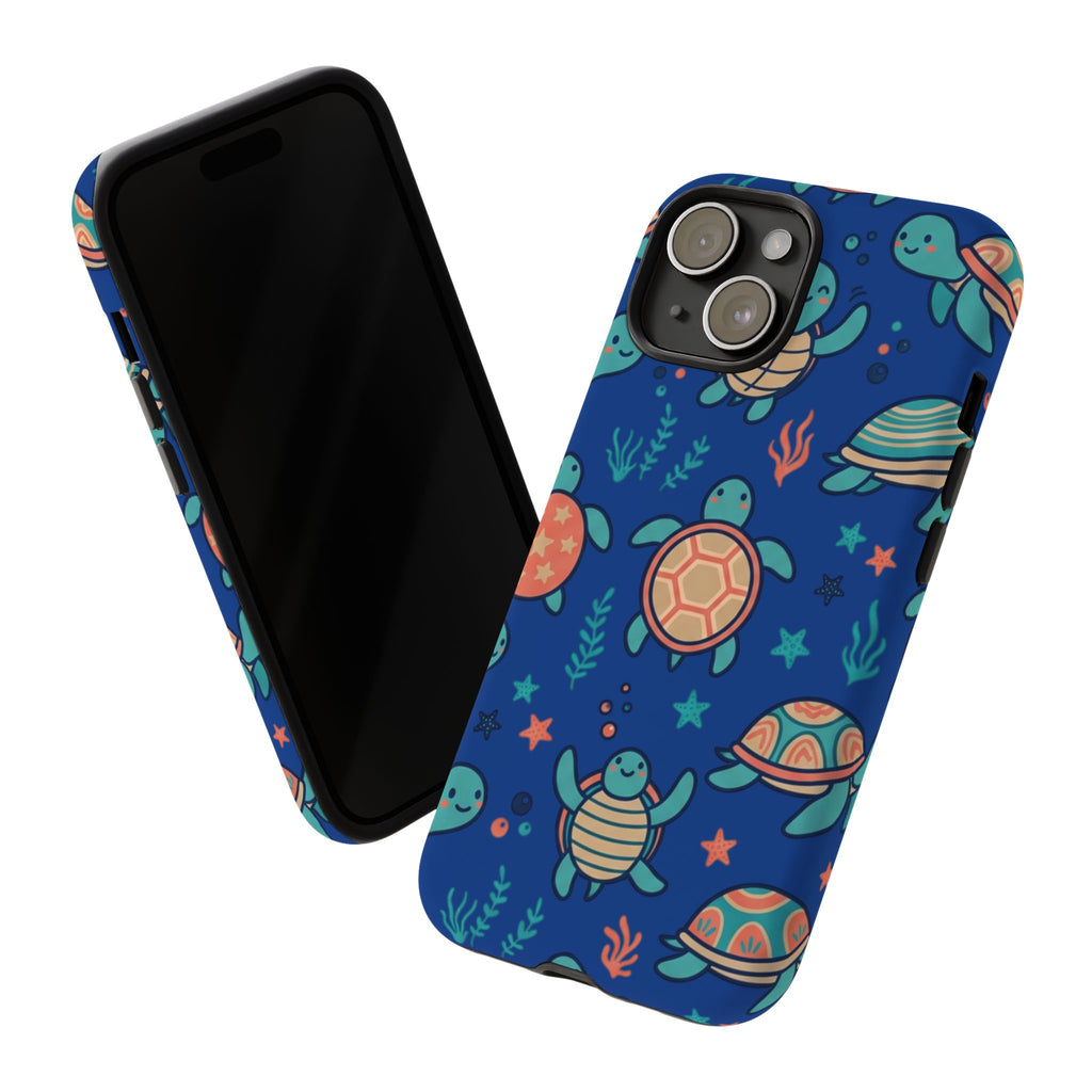 Cute Sea Turtle Phone Case — Protective Tough Case with Blue Ocean Pattern