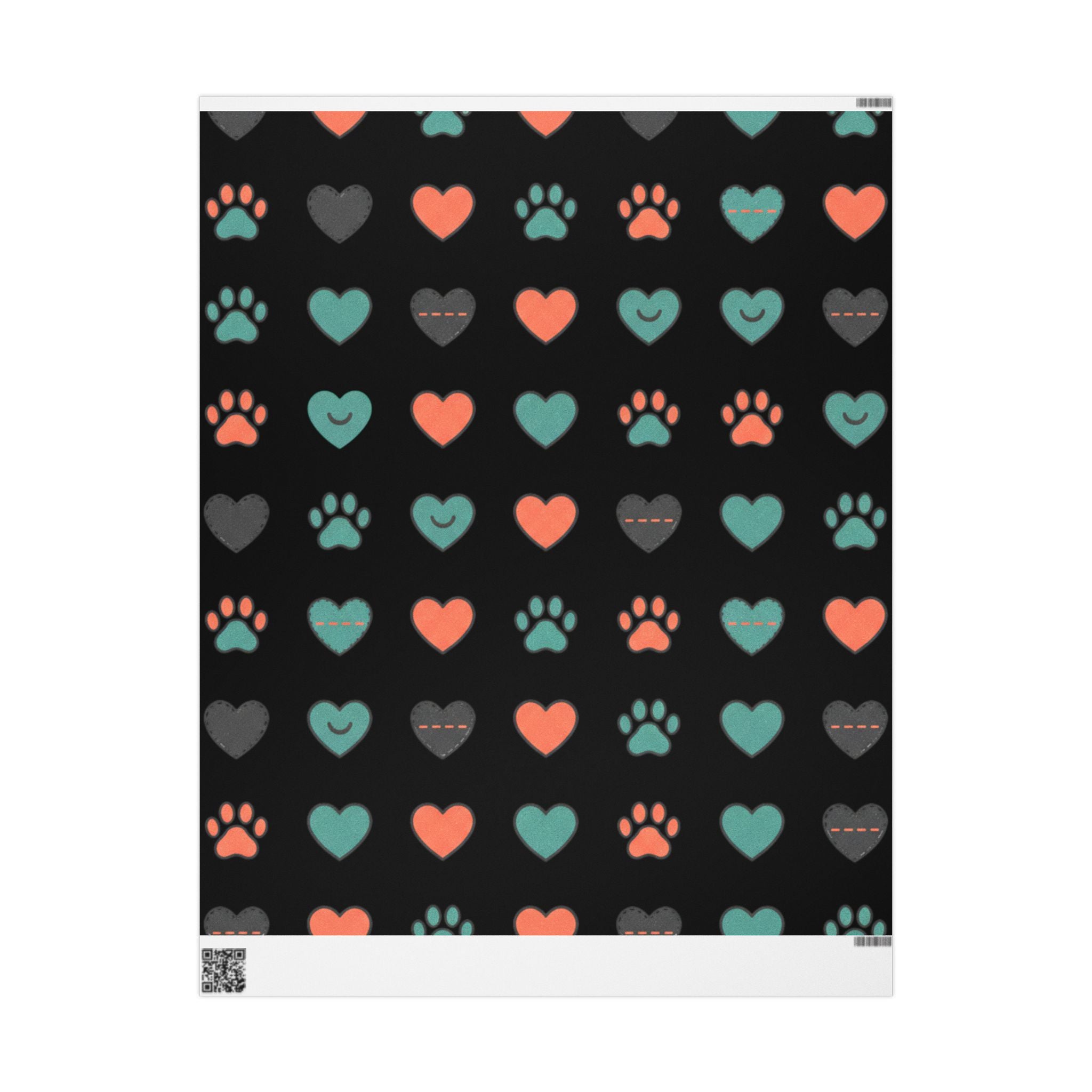 Heart Pattern Wrapping Paper Roll — Black Background with Teal & Coral Hearts, Gift Wrap for Valentine’s, Anniversaries, & Birthdays