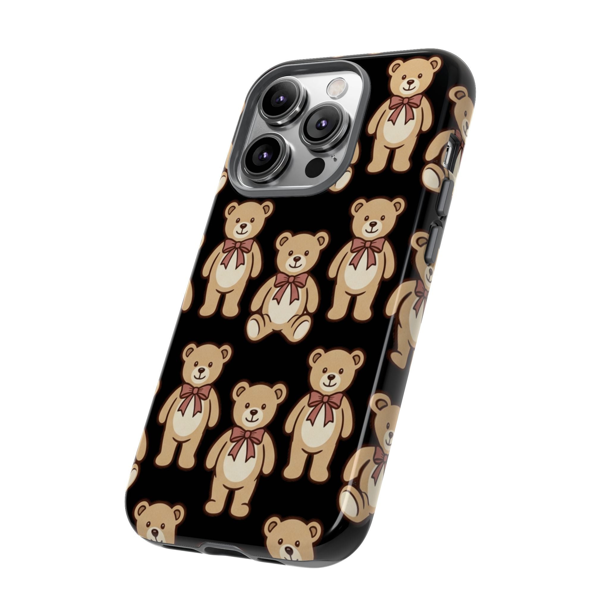 Teddy Bear Pattern Phone Case — Cute Vintage Ribbon Bears on Black